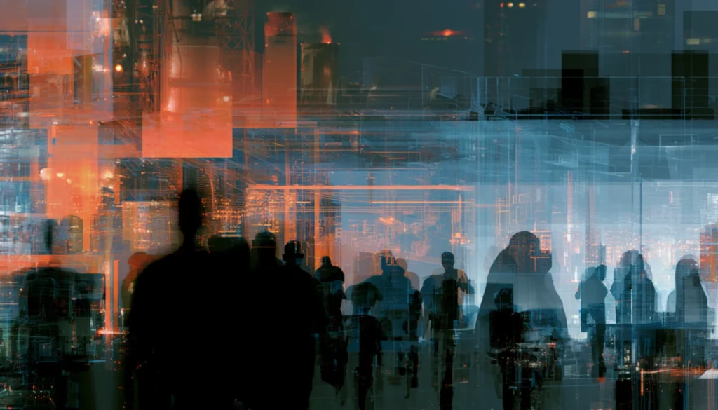 Graphic showing silhouettes of people in urban setting